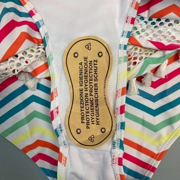 RAINBOW Chevron White Two Piece Bikini Set Tassel Mesh Detail US Size 12 Striped - Picture 10 of 12